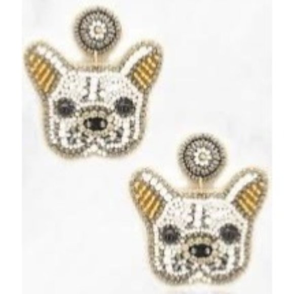 Viola French Bulldog Beaded Dangle Earrings White Gold NWT - Picture 1 of 1